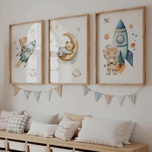 Pôster de Urso e Gatinho Espacial | Pôster de Parede em Aquarela para Crianças | Decoração Doce para Quarto de Bebê