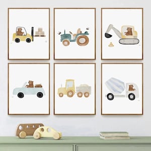 Póster de obra de construcción con camión y osito de peluche | Póster de dibujos animados para bebé | Decoración de pared con maquinaria infantil