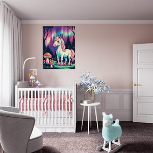 Poster im Holzrahmen, Zauberhaftes Wald-Einhorn | Märchenposter fürs Kinderzimmer | Aquarell-Auroren und Pilze