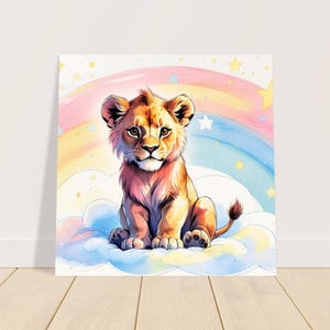 Póster de cachorro de león arcoíris en acuarela | Póster de animal tótem bebé | Decoración de pared infantil