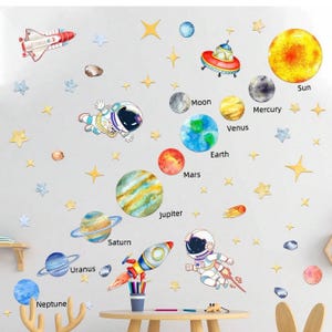Adesivo de parede 3D de astronauta com sistema solar para quarto infantil | Foguete espacial autoadesivo | Pôster decorativo reposicionável de cosmos