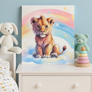 Regenbogen Aquarell Löwenjunges Poster | Baby Totem Tier Poster | Süße Kinder Wanddekoration