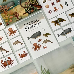 Op de afbeelding: Een verzameling educatieve printables met een oceaanthema. De set bevat puzzelstukjes, illustraties van het zeeleven en een kaart met de tekst "Ocean Friends". De illustraties tonen walvissen, schildpadden, octopussen en andere zeedieren.