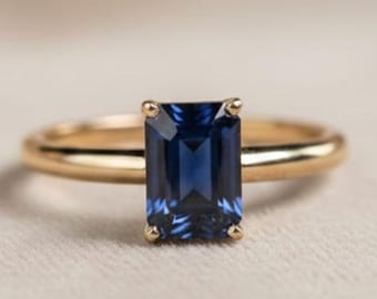 Anillo de zafiro azul natural, anillo de oro, anillo de bodas minimalista, anillo de compromiso solitario, anillo de zafiro de talla esmeralda, piedra natal de septiembre