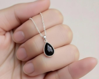 Natural Black Onyx Pendant Necklace, 925 Sterling Silver, Tear Drop Black Onyx Necklace, Everyday Necklace, Minimalist Pendant Women Pendant