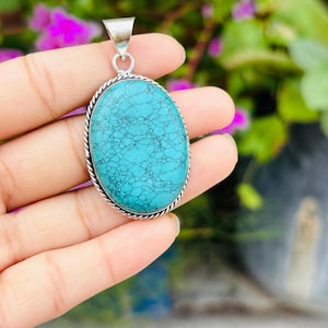 Blue Turquoise Pendant, 925 Sterling Silver Pendant, Oval Gemstone Pendant, Handmade Pendant, Boho Pendant, Turquoise Jewelry, Gift For Her
