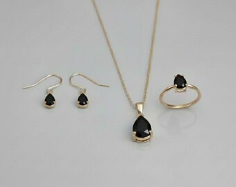 Natural Onyx Jewelry Set, Onyx Pendant Necklace, Onyx Dangle Earrings, Onyx Ring for Women, December Birthstone, Birthday Gift For Her