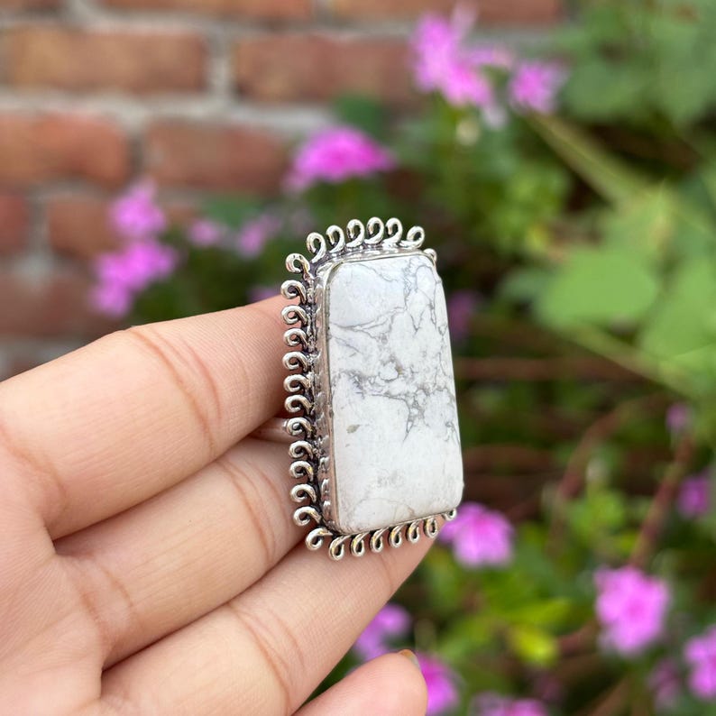 Howlite Ring, 925 Sterling Silver, Howlite Gemstone Ring, Rectangle Bar ...