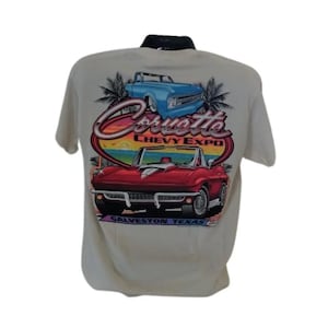 Corvette Chevy Expo T-Shirt – Natural – Red Corvette & Classic Truck – Licensed Chevrolet Shirt – Free U.S. Shipping