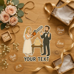 Autocollant Mariage Drôle – Sticker Mariée Tronçonneuse Gâteau – Humour Noir EVJF EVG – Holographique ou Brillant