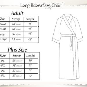 May include: A size chart for long robes, featuring adult and plus sizes. The chart includes measurements for sweep and length in inches and centimeters. A line drawing of a long robe with a belt is also shown.