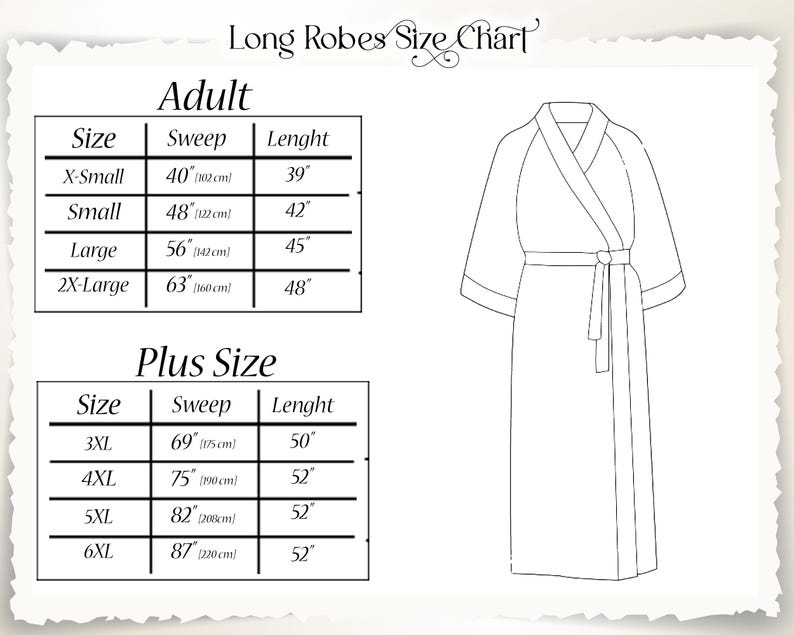 May include: A size chart for long robes, featuring adult and plus sizes. The chart includes measurements for sweep and length in inches and centimeters. A line drawing of a long robe with a belt is also shown.