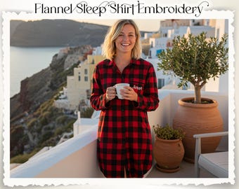 Flannel Buffalo Plaid Sleepshirt, Custom Embroidered Sleepshirt, Christmas Eve Getting Ready Outfit, Christmas Gift, Personalized Gift