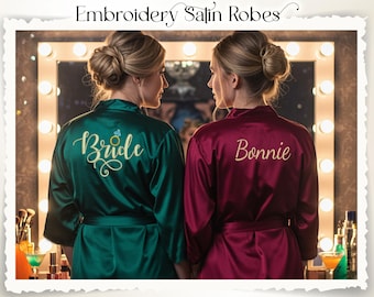 Bridesmaid Satin Embroidered Robe, Getting Ready Robes, Custom Plus Size Satin Robes, Bridesmaid Proposal Gift, Bridal Gift, Wedding Gift