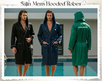 Custom Men’s Hooded Piping Satin Robe with Boxer Satin Robe & Boxer Set for Men Groomsmen or Groom Robe with Boxers Honeymoon Gift for Him