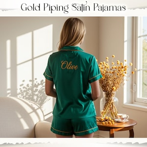 Personalized Bride to Be Pjs with Gold Piping Satin Pajama Set Wedding Pajamas Bridesmaid Gift, Birthday, Bachelorette, Bridal Party Gifts