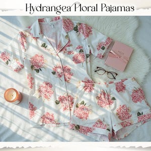 Hydrangeas Women’s Short Sleeve & Shorts Pjs Set Hydrangea Floral Pajama Set Bridesmaids Pjs Wedding Getting Ready PJs Bridal Party Gifts