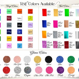 Peut inclure: Un nuancier de couleurs de texte disponibles pour la personnalisation. Il est divis&eacute; en sections pour les couleurs vinyle, les couleurs m&eacute;tallis&eacute;es et les paillettes. Les couleurs vinyle comprennent le violet, le menthe et l'orange. Les couleurs m&eacute;tallis&eacute;es comprennent le rouge, l'or et le vert.