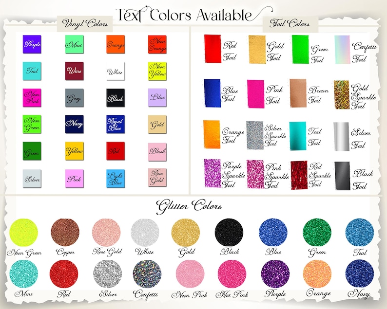 Peut inclure: Un nuancier de couleurs de texte disponibles pour la personnalisation. Il est divis&eacute; en sections pour les couleurs vinyle, les couleurs m&eacute;tallis&eacute;es et les paillettes. Les couleurs vinyle comprennent le violet, le menthe et l'orange. Les couleurs m&eacute;tallis&eacute;es comprennent le rouge, l'or et le vert.