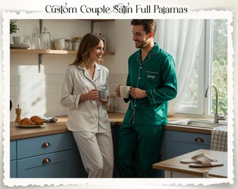 Custom Name Satin Couple Pajama Set – Full Length Button-Down PJs – Bridal & Groom Matching Pajamas – Wedding, Anniversary, Bridal Gifts