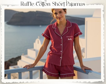 Custom Name Rayon Ruffle Pajama Set Personalized Short Pajamas for Women Bridal Party Gift Bridesmaid Wear Cute Gift for Her Soft Sleep Set