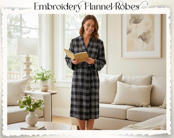 Custom Monogram Flannel Robe Personalized Embroidery Spa Robe Bridesmaid Robe Bridal Party Loungewear Gift for Wife Cozy Winter Robe for Her
