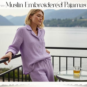 Personalized Muslin Pajamas for Women Custom Embroidered Long Sleeve Muslin Sleepwear Pajamas Set Adult Loungewear Set Bridesmaids Gifts