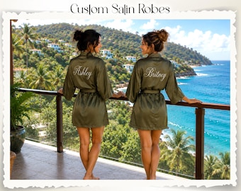 Personalized Olive Green Satin Robe Custom Bridesmaid Getting Ready Robes Bridal Party Robes Wedding Gift Bachelorette Robe for Women