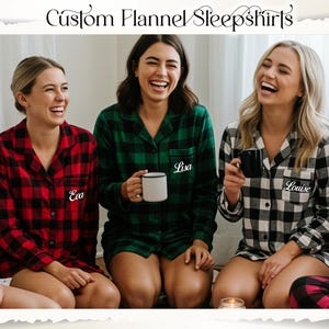 Custom Flannel Sleepshirt with Name Personalized Plaid Nightshirt for Women Bridesmaid Pajama Shirt Flannel Oversized Shirt Bridesmaid Gifts