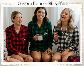 Custom Flannel Sleepshirt with Name Personalized Plaid Nightshirt for Women Bridesmaid Pajama Shirt Flannel Oversized Shirt Bridesmaid Gifts