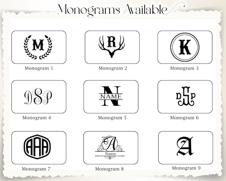 Peut inclure: Pr&eacute;sentation de neuf mod&egrave;les de monogrammes, chacun dans un cadre rectangulaire. Les monogrammes pr&eacute;sentent diff&eacute;rents styles de lettres et &eacute;l&eacute;ments d&eacute;coratifs, dont une couronne, des bois de cerf et des polices stylis&eacute;es. Le texte "Monograms Available" est en haut.