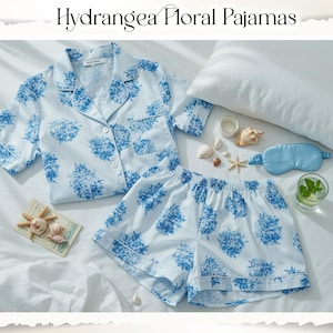 Hydrangea Floral Pajama Set Hydrangeas Women’s Short Sleeve & Shorts Pjs Set Bridesmaids Pjs Wedding Getting Ready PJs Bridal Party Gifts