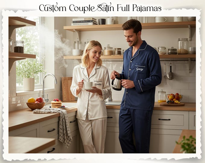 Couple Matching Satin Pajama Set, Satin Custom Full Pyjamas, Wedding Morning Getting Ready Pj's, Bridesmaid Gift, Christmas Matching Gift