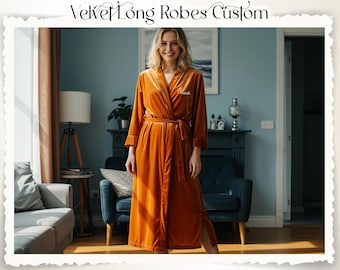 Long Velvet Dressing Gown – Bridal Velvet Robe, Bridesmaid Party Wear, Personalized Velvet Robe for Her, Luxe Self-Care Winter Robe Gift
