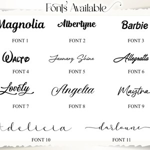 Peut inclure: Sur fond blanc, onze styles de polices sont pr&eacute;sent&eacute;s, chacun avec un mot d'exemple et un num&eacute;ro de police. Les polices varient de l'&eacute;criture cursive &eacute;l&eacute;gante aux designs modernes et audacieux. Le texte "Fonts Available" est en haut.