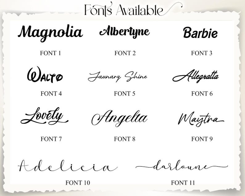 Peut inclure: Sur fond blanc, onze styles de polices sont pr&eacute;sent&eacute;s, chacun avec un mot d'exemple et un num&eacute;ro de police. Les polices varient de l'&eacute;criture cursive &eacute;l&eacute;gante aux designs modernes et audacieux. Le texte "Fonts Available" est en haut.