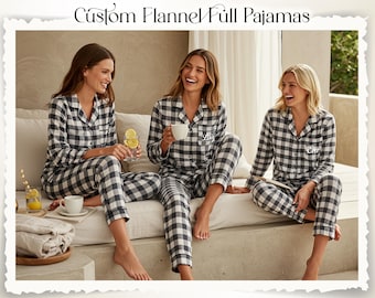 Flannel Long Unisex Pajamas Set Custom Winter Full Pajamas Set Plaid Flannel PJs with Name Matching Bridal Party Pajamas Bridesmaid Gifts