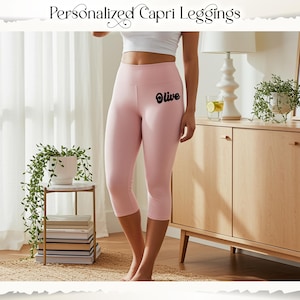 Custom Name Capri Leggings for Women Personalized High-Waisted Yoga Pants Stretchy Workout or Lounge Wear Gift for Her, Dance or Gym Apparel