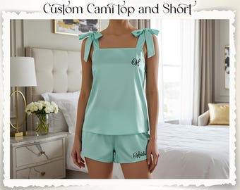 Bridal Satin Cami Tie Knot Set, Custom Satin Cami Top & Shorts Set, Bridesmaid Getting Ready Pj's, Bridesmaids Gifts, Bridal Shower Gift