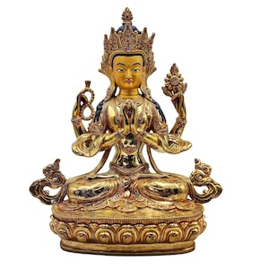 Handmade Gold-Plated Chenrezig Statue: Stone-Setting Buddhist Art