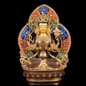Handmade Chenrezig Buddhist Statue: Gold Plated Copper Sculpture