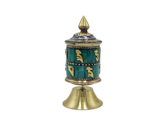 4-Inch Buddhist Metal Prayer Wheel Table Top, OMPH, Stone Setting