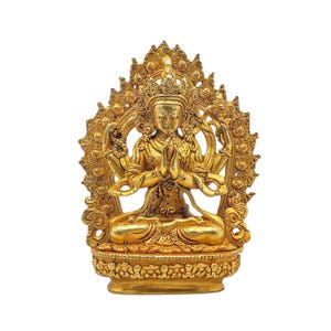 Statua buddista in miniatura di Chenrezig da 4 pollici, placcata in oro