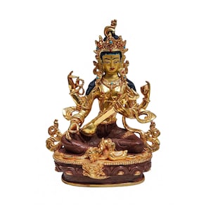 9-Inch Saraswati, Tibetan Buddhist Handmade Statue, Partly Gold Plated, Painted Face