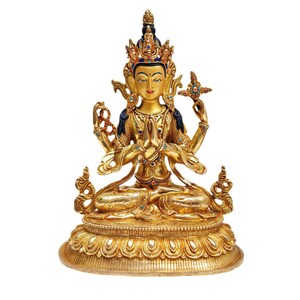 Handmade Gold-Plated Chenrezig Statue: Buddhist Art, Lost-Wax Copper