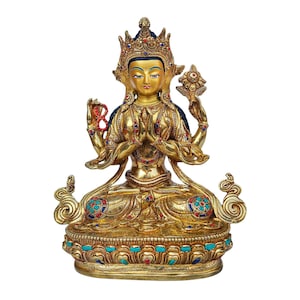 Handmade Chenrezig Statue: Gold Plated Buddhist Art with Stone Setting