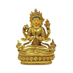 6-Inch Chenrezig Buddhist Miniature Statue, Gold Plated, Face Painted