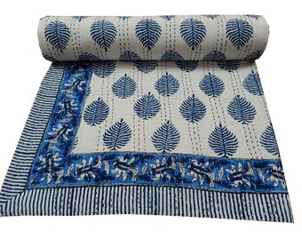 Hand Printed Kantha Quilt: Reversible Cotton Throw, Floral Leaf Design