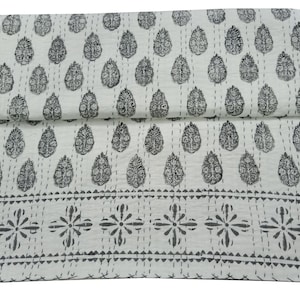Kantha quilt Light Grey Hand block Floral Print Handmade Stitched Hippie Bohemian Blanket Throw Bedspread Decorative Quilt Kantha Throw Bed