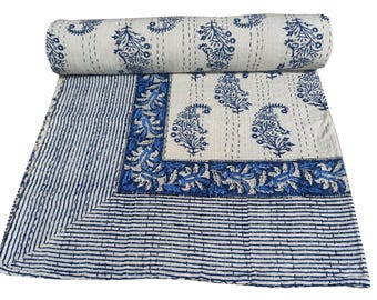 Blue Floral Kantha Quilt, Hand Block Print Cotton Bedspread, Queen Size
